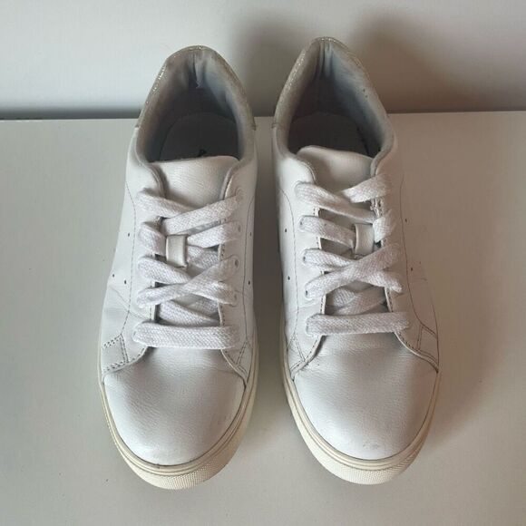 Aldo White Sneakers Round Toe Womens Size 7 Gold Glitter Casual Shoes Lace Up - Picture 2 of 9